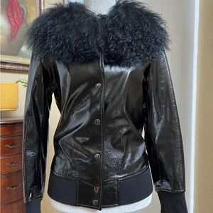 Charlotte Simone Black Va Va Varsity Jacket 100% Mongolian Lamb Fur Sz S